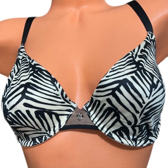 Victorias Secret Supersoft Satiny Fabulous unlined semi demi bra black white 34D - Picture 1 of 3